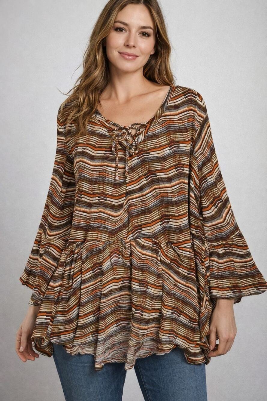 CATO Peplum Striped Abstract 3/4 Flared Sleeves Top Size 22W 24W Brown 70's